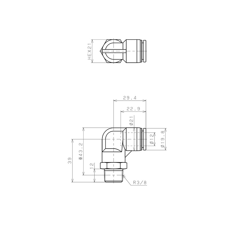 Bản vẽ kỹ thuật Đầu Nối Nhanh Khí Nén Dạng Cong 90° Ren Ngoài Pisco SPL12-03-UC
