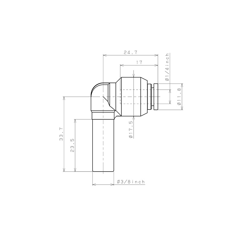 Bản vẽ kỹ thuật Đầu Nối Nhanh Khí Nén Giữa Ống Khí Và Fitting Dạng Nối Giảm Cong 90° Pisco PLGJ3/8-1/4W
