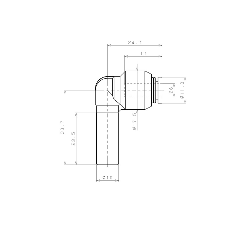 Bản vẽ kỹ thuật Đầu Nối Nhanh Khí Nén Giữa Ống Khí Và Fitting Dạng Nối Giảm Cong 90° Pisco PLGJ10-6W