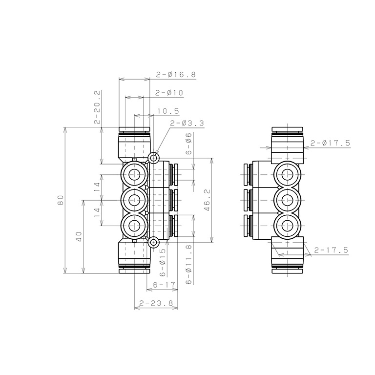 Bản vẽ kỹ thuật Đầu Nối Nhanh Khí Nén Chữ T 8 Ngã Dạng Nối Giảm Pisco PKVG10-6W
