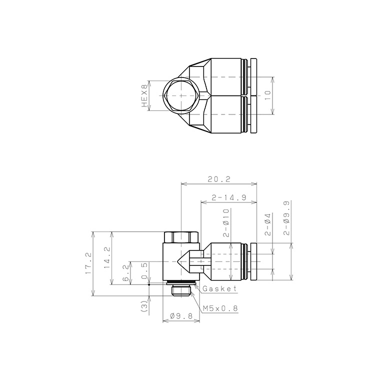 Bản vẽ kỹ thuật Đầu Nối Nhanh Khí Nén Hai Nhánh Cong 90° Đầu Lục Giác Trụ Ren Ngoài Pisco PA4-M5