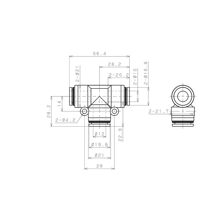 Bản vẽ kỹ thuật Đầu Nối Nhanh Khí Nén Chữ T Dạng Nối Giảm Pisco PEG10-12-C