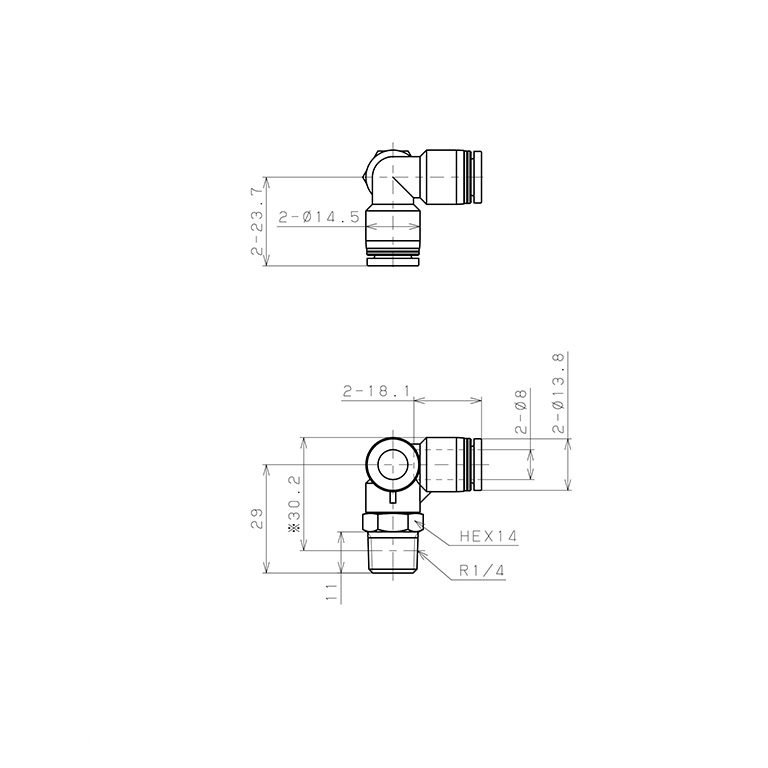Bản vẽ kỹ thuật Đầu Nối Nhanh Khí Nén Hai Nhánh Chạc Ba Cong 90° Ren Ngoài Pisco PVX8-02W