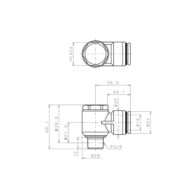 Bản vẽ kỹ thuật Đầu Nối Nhanh Khí Nén Cong 90° Đầu Lục Giác Trụ Ren Ngoài Pisco PH16-03W