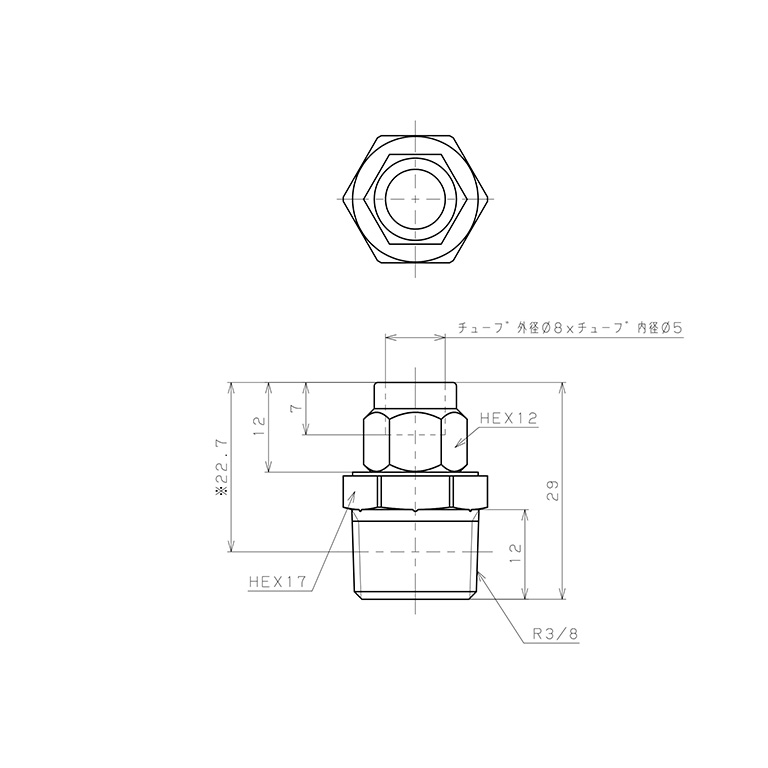 Bản vẽ kỹ thuật Đầu Ngạnh Nối Ống Có Đai Ốc Xiết Dạng Thẳng Thân Lục Giác Ren Ngoài Pisco NKC0850-03