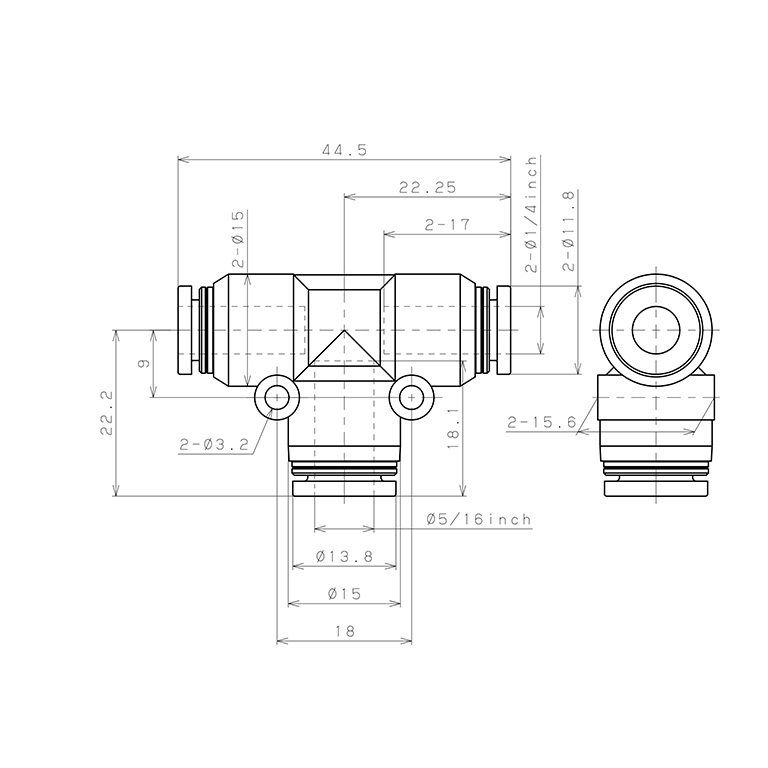 Bản vẽ kỹ thuật Đầu Nối Nhanh Khí Nén Chữ T Dạng Nối Giảm Pisco PEG1/4-5/16