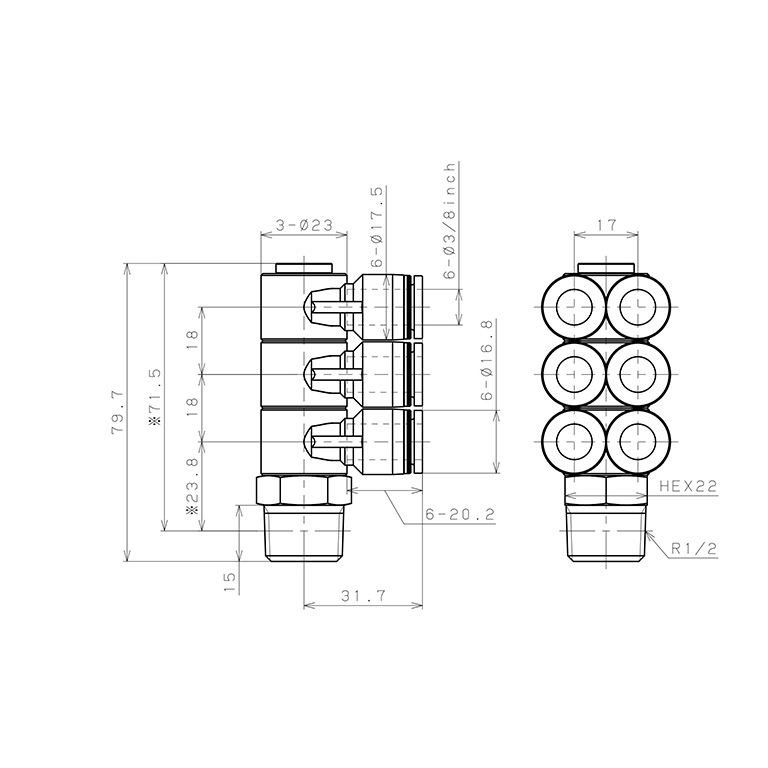 Bản vẽ kỹ thuật Đầu Nối Nhanh Khí Nén Sáu Nhánh Cong 90° Thân Lục Giác Trụ Ren Ngoài Pisco PAT3/8-04