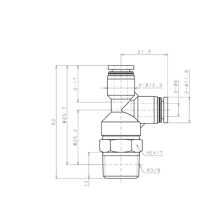 Bản vẽ kỹ thuật Đầu Nối Nhanh Khí Nén Dạng Chữ T Ren Ngoài Pisco PD6-03W-C