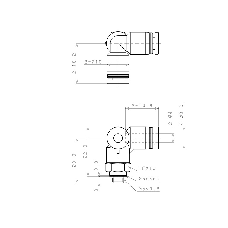 Bản vẽ kỹ thuật Đầu Nối Nhanh Khí Nén Hai Nhánh Chạc Ba Cong 90° Ren Ngoài Pisco PVX4-M5-C