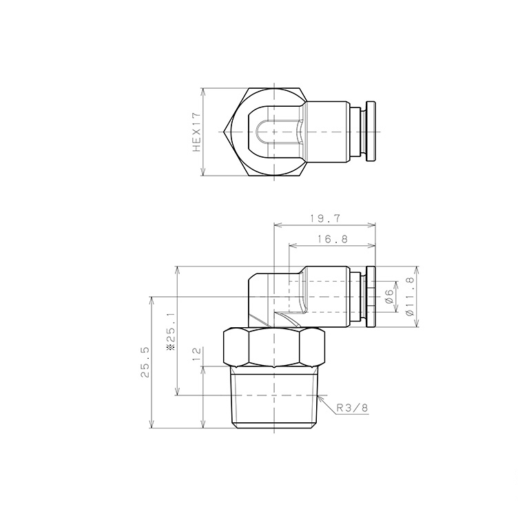 Bản vẽ kỹ thuật Đầu Nối Nhanh Khí Nén Dạng Cong 90° Ren Ngoài Pisco SSPL6-03-X-TP