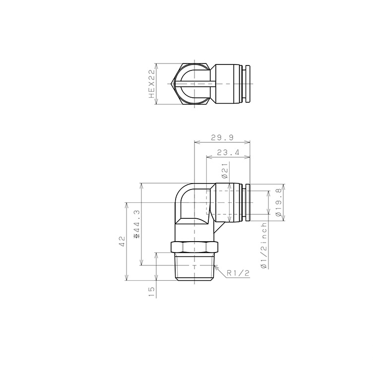 Bản vẽ kỹ thuật Đầu Nối Nhanh Khí Nén Dạng Cong 90° Ren Ngoài Pisco PPL1/2-04-TP