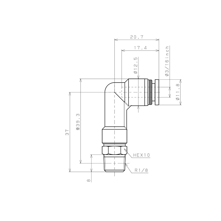 Bản vẽ kỹ thuật Đầu Nối Nhanh Khí Nén Dạng Cong 90° Ren Ngoài (Dài) Pisco PLL3/16-01-C