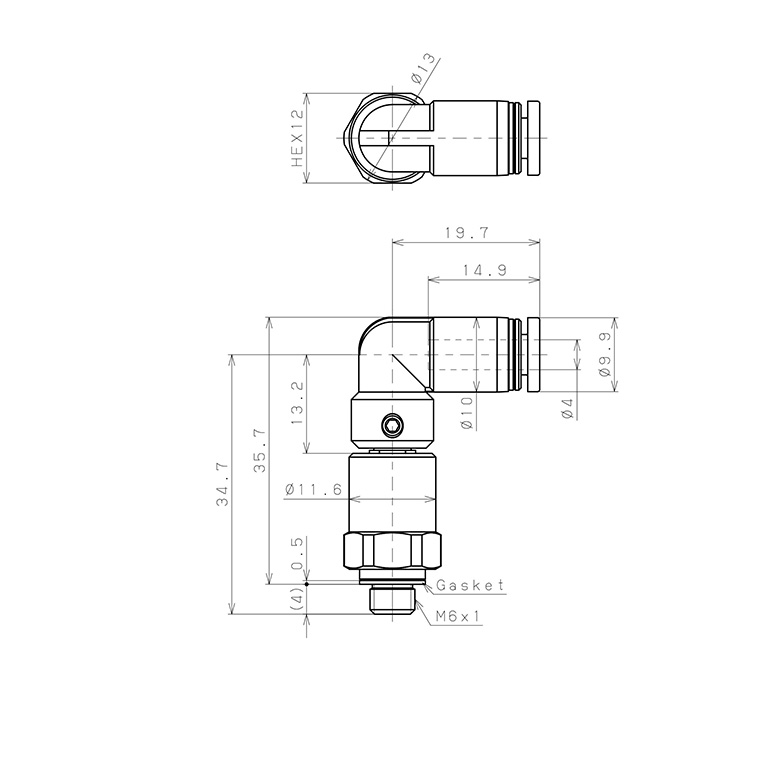 Bản vẽ kỹ thuật Đầu Nối Nhanh Khí Nén Dạng Cong 90° Ren Ngoài Có Khớp Xoay Tốc Độ Cao Pisco RHL4-M6