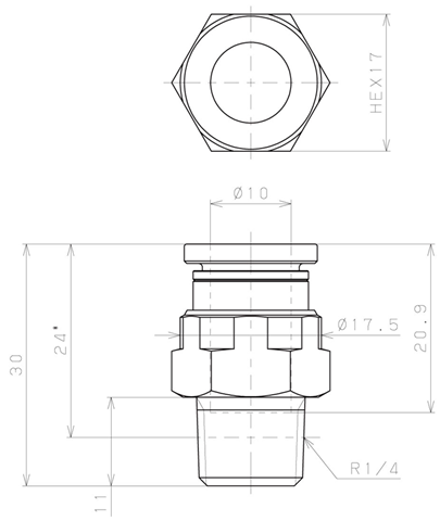 Bản vẽ kỹ thuật Đầu Nối Nhanh Khí Nén Dạng Thẳng Thân Lục Giác Ren Ngoài Pisco KC10-02-1-F