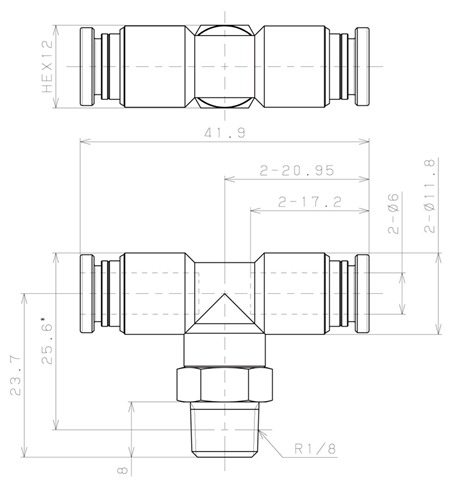 Bản vẽ kỹ thuật Đầu Nối Nhanh Khí Nén Dạng Chữ T Ren Ngoài Pisco KB6-01-1-F