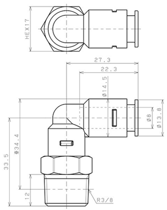 Bản vẽ kỹ thuật Đầu Nối Nhanh Khí Nén Dạng Cong 90° Ren Ngoài Pisco APL8-03-E
