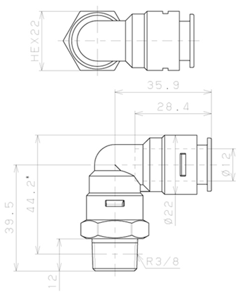 Bản vẽ kỹ thuật Đầu Nối Nhanh Khí Nén Dạng Cong 90° Ren Ngoài Pisco APL12-03-C