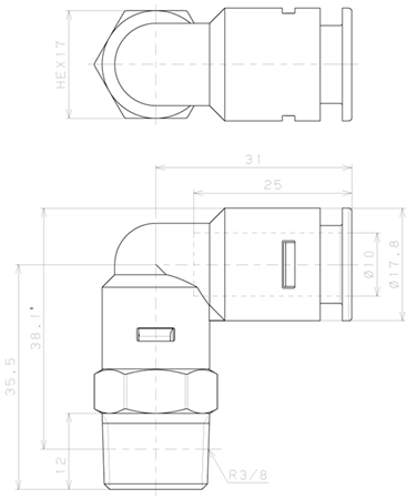 Bản vẽ kỹ thuật Đầu Nối Nhanh Khí Nén Dạng Cong 90° Ren Ngoài Pisco APL10-03