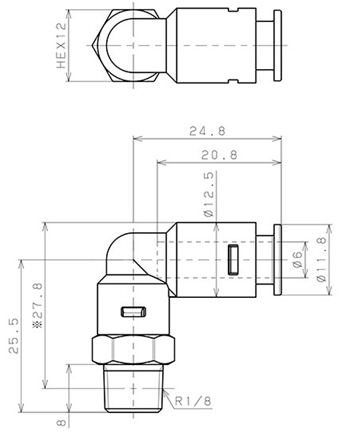 Bản vẽ kỹ thuật Đầu Nối Nhanh Khí Nén Dạng Cong 90° Ren Ngoài Pisco APL6-01-C