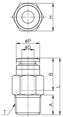 Bản vẽ kỹ thuật Đầu Nối Nhanh Khí Nén Tự Ngắt Ø6mm - Ren Ngoài 1/4" CDC SPC 0602