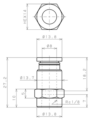 Bản vẽ kỹ thuật Đầu Nối Nhanh Khí Nén Thẳng Phi 8mm Ren Trong R1/8 Pisco PCF8-01