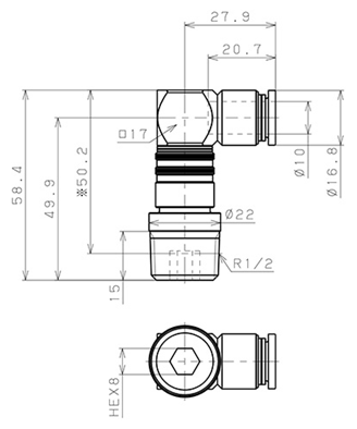 Bản vẽ kỹ thuật Bộ Đầu Nối Nhanh Ống Dẫn Điều Khiển Nhiệt Độ Khuôn Đúc Dạng Cong 90° Pisco AKL10-1004