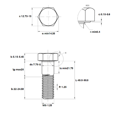 Bản vẽ kỹ thuật Bulong Nhúng Nóng 8.8 DIN931 M8x50 Ren Lửng
