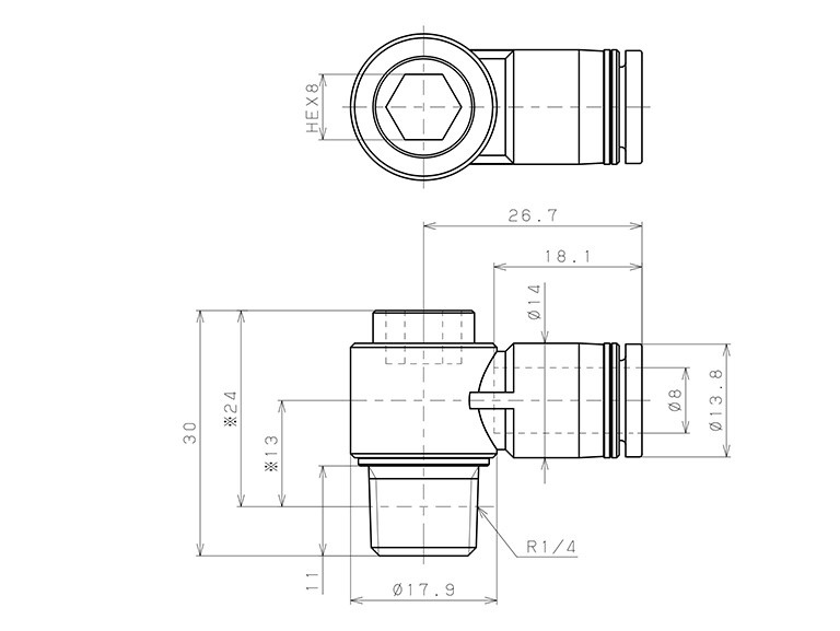 Bản vẽ kỹ thuật Đầu Nối Nhanh Khí Nén Dạng Cong 90° Đầu Lục Giác Chìm Ren Ngoài Pisco POL8-02W