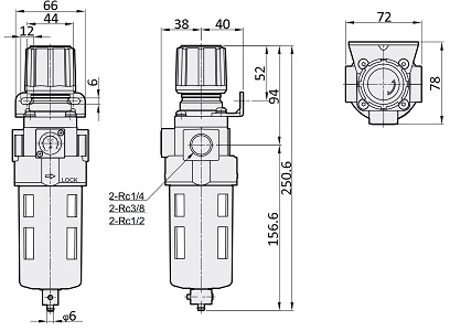 Bản vẽ kỹ thuật Bộ Lọc Khí - Chỉnh Áp Xả Tự Động Parker Size 1/2 PFR403-04-D