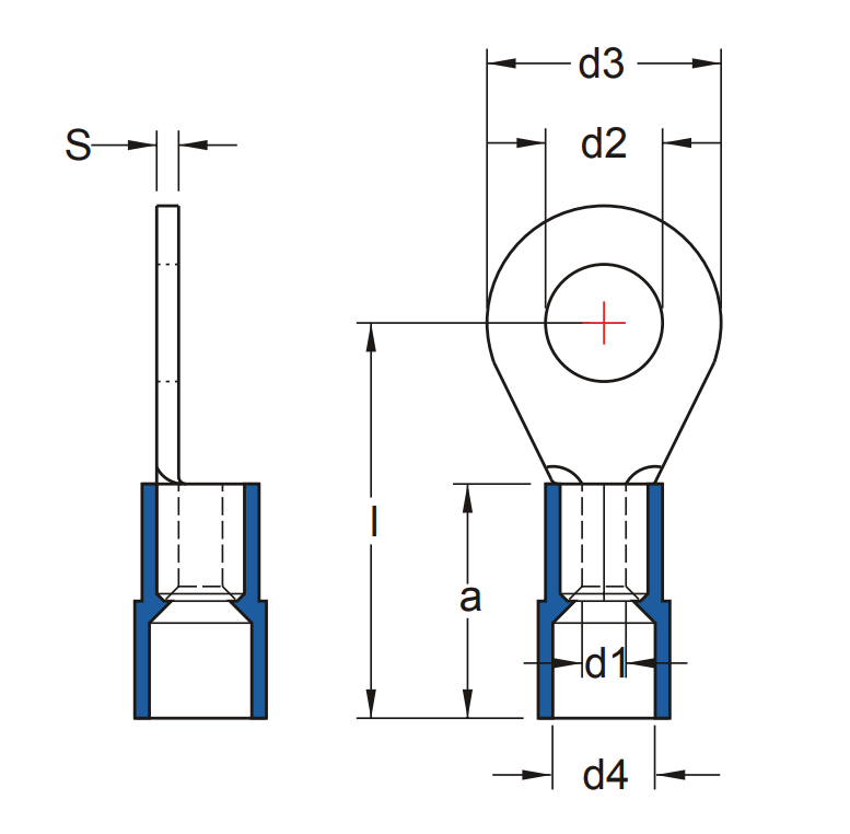 Bản vẽ kỹ thuật Đầu Cosse Tròn Cách Điện Màu Xanh Dương KST 2 mm2 DRNYB6-2.5