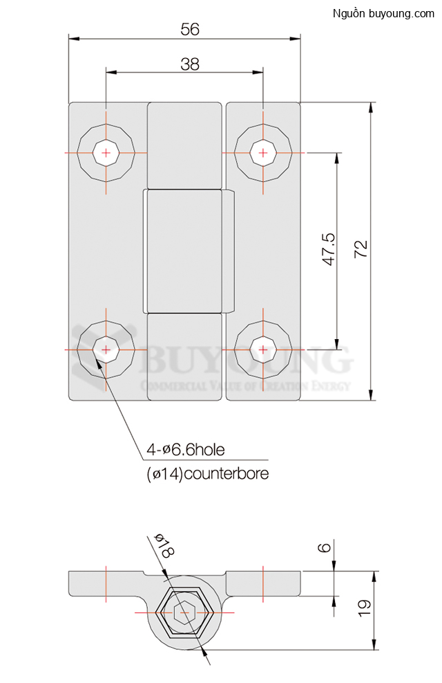Bản vẽ kỹ thuật Bản lề nhựa nhựa P.C màu đen Buyoung 19x72 BYHL127