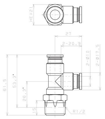 Bản vẽ kỹ thuật Đầu Nối Nhanh Khí Nén Dạng Chữ T Ren Ngoài Pisco KD10-04-1-F