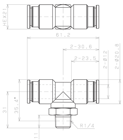 Bản vẽ kỹ thuật Đầu Nối Nhanh Khí Nén Dạng Chữ T Ren Ngoài Pisco KB12-02-1-F