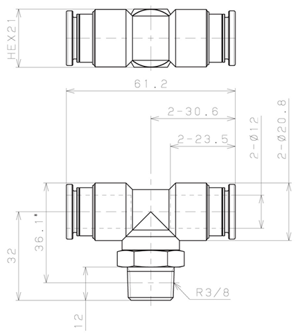 Bản vẽ kỹ thuật Đầu Nối Nhanh Khí Nén Dạng Chữ T Ren Ngoài Pisco KB12-03-1-F