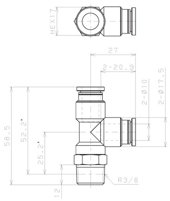 Bản vẽ kỹ thuật Đầu Nối Nhanh Khí Nén Dạng Chữ T Ren Ngoài Pisco KD10-03-1-F