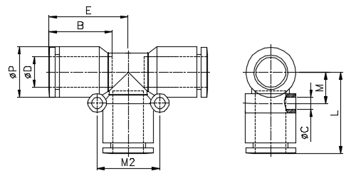 Bản vẽ kỹ thuật Đầu Nối Nhanh Khí Nén Chữ T Ø4mm CDC MPUT 04-W (Màu Trắng)