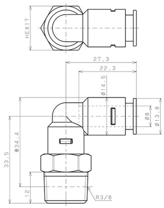 Bản vẽ kỹ thuật Đầu Nối Nhanh Khí Nén Dạng Cong 90° Ren Ngoài Pisco APL8-03-N