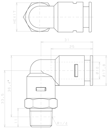 Bản vẽ kỹ thuật Đầu Nối Nhanh Khí Nén Dạng Cong 90° Ren Ngoài Pisco APL10-02-E-TP