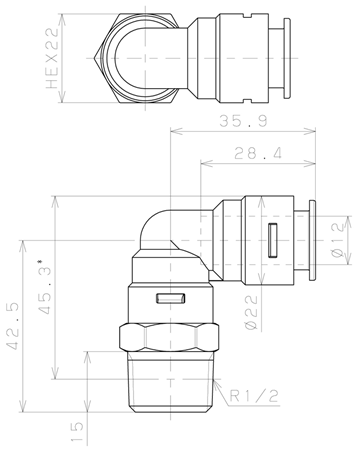 Bản vẽ kỹ thuật Đầu Nối Nhanh Khí Nén Dạng Cong 90° Ren Ngoài Pisco APL12-04-E-C
