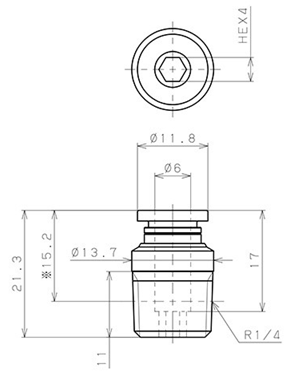Bản vẽ kỹ thuật Đầu Nối Nhanh Khí Nén Thẳng Phi 6mm Ren Ngoài R1/4 Pisco POC6-02
