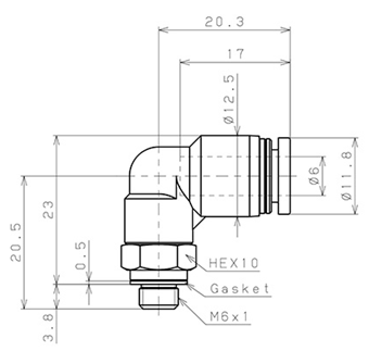 Bản vẽ kỹ thuật Đầu Nối Nhanh Khí Nén Cong 90° Phi 6mm Ren Ngoài M6 Pisco PL6-M6