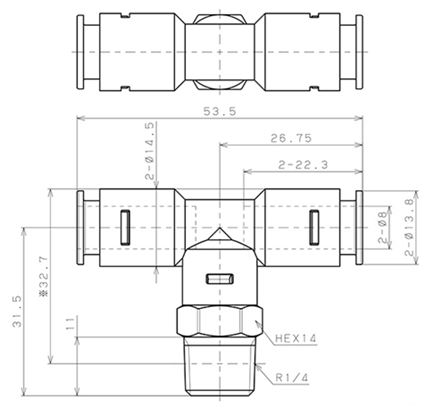 Bản vẽ kỹ thuật Đầu Nối Nhanh Khí Nén Dạng Chữ T Ren Ngoài Pisco APB8-02-N