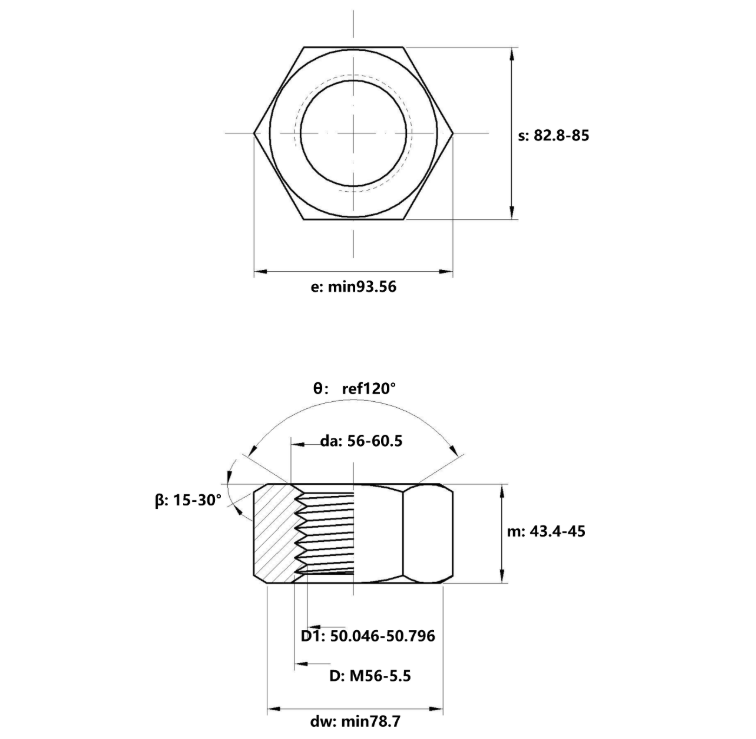 Bản vẽ kỹ thuật Tán Thép Mạ Kẽm Trắng Cr3+ 8.8 DIN934 M56