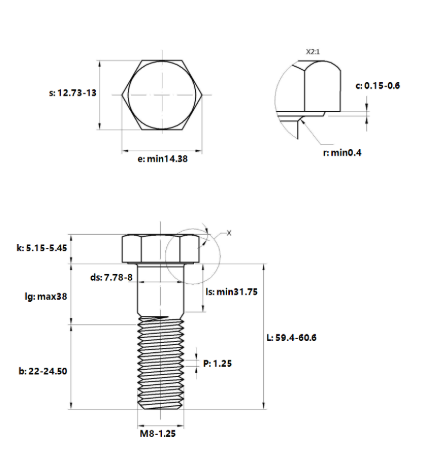 Bản vẽ kỹ thuật Bulong Mạ Kẽm Trắng Cr3+ 8.8 DIN931 M8x60 Ren Lửng