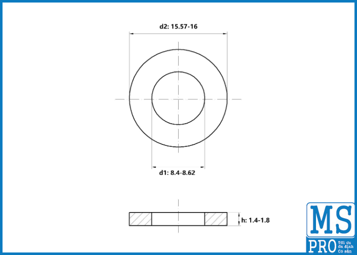 Bản vẽ kỹ thuật Lông Đền Phẳng Thép Mạ Kẽm Trắng Cr3+ DIN125 M8