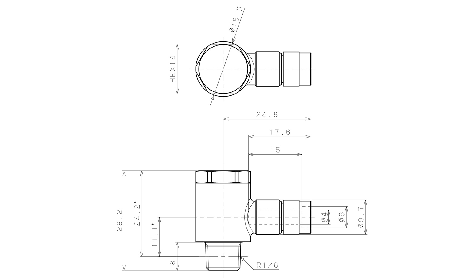 Bản vẽ kỹ thuật Đầu Nối Nhanh Khí Nén Cong 90° Đầu Lục Giác Trụ Ren Ngoài Pisco KH4-01-F