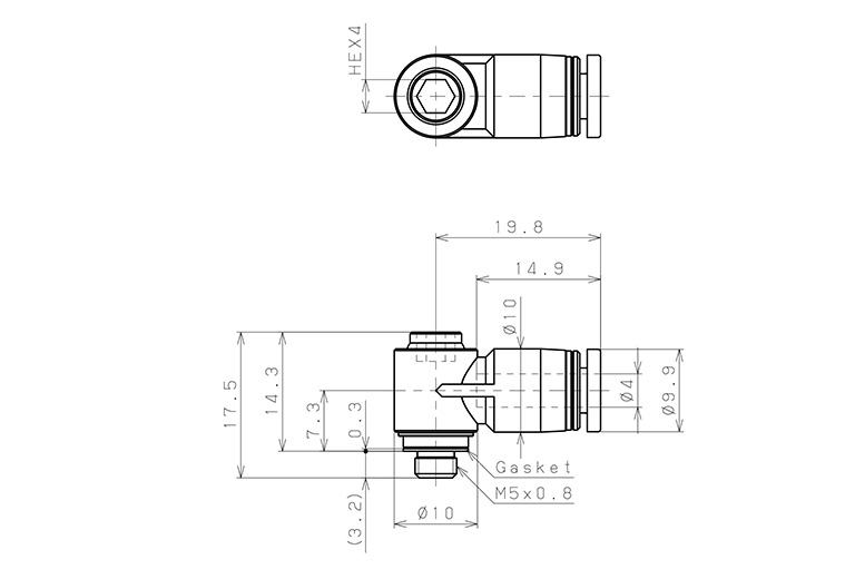 Bản vẽ kỹ thuật Đầu Nối Nhanh Khí Nén Dạng Cong 90° Đầu Lục Giác Chìm Ren Ngoài Pisco POL4-M5-C