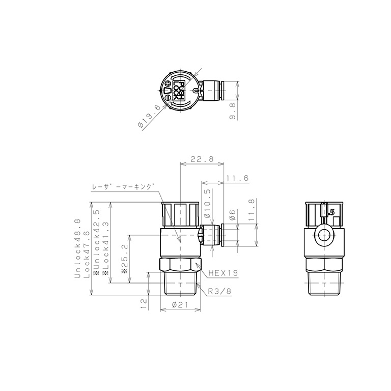 Bản vẽ kỹ thuật Van Tiết Lưu Khí Nén Loại Khóa Đẩy Có Hiển Thị Chỉ Số Pisco JSGC6-03ALW