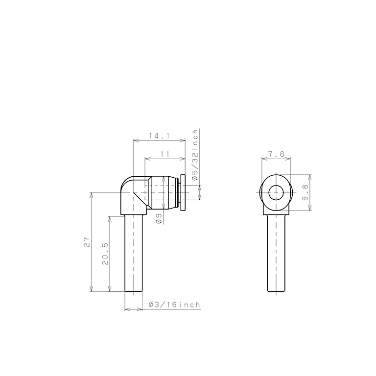 Bản vẽ kỹ thuật Đầu Nối Nhanh Khí Nén Giữa Ống Khí Và Fitting Dạng Nối Giảm Cong 90° Pisco PLGJ3/16-5/32M