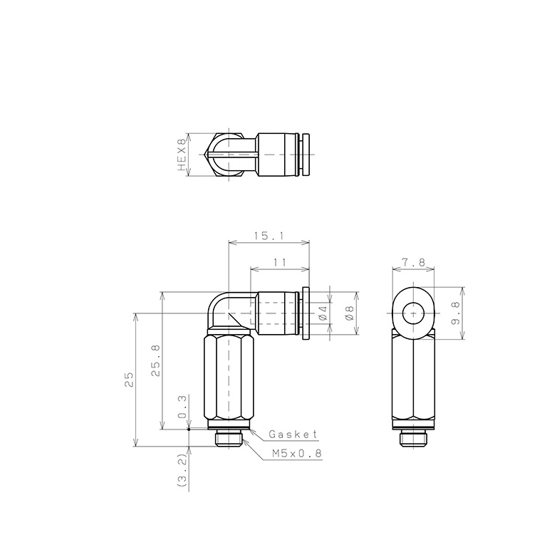 Bản vẽ kỹ thuật Đầu Nối Nhanh Khí Nén Dạng Cong 90° Ren Ngoài (Dài) Pisco PLL4-M5M-C